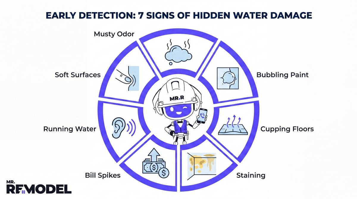 A scannable radial infographic that organizes the 7 signs. Each sign (Musty Odors, Bubbling Paint, Warped Floors, Staining, Bill Spikes, Running Water Sounds, Soft Surfaces) is represented by an icon, radiating from a central "Structural Hazard" core.